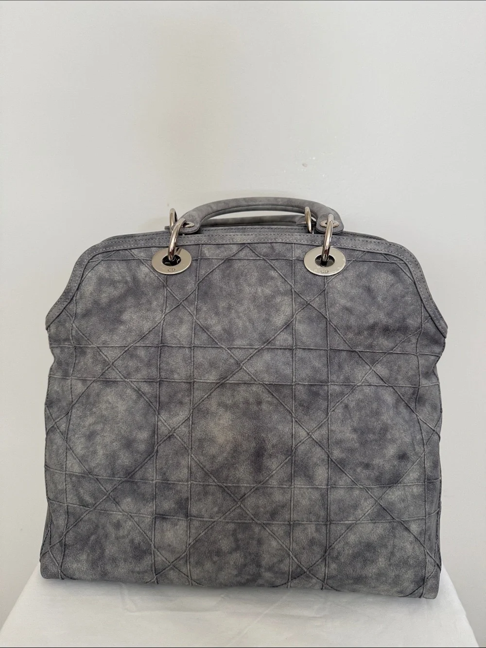 Dior Grey Quilted Top-Handle Satchel with Silver Hardware